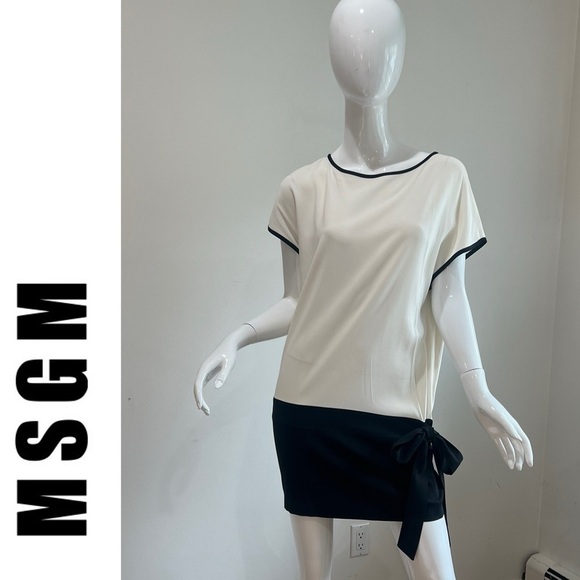 MSGM Drop Waist Bow Detail Color Block Dress - Picture 4 of 8